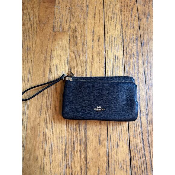 Coach Double Zip Wallet Black Pebbled Leather NWOT - Picture 1 of 5
